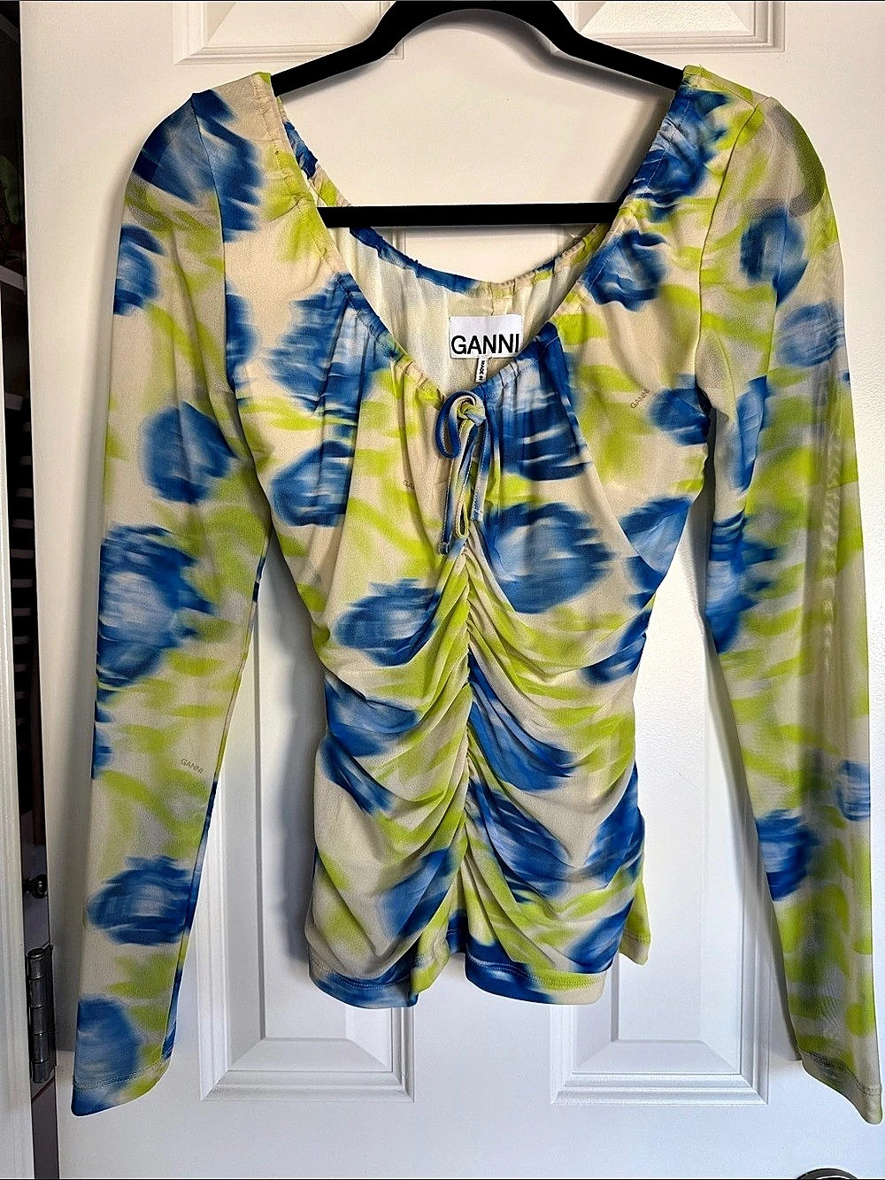 GANNI Printed Mesh Ruched Blouse in Blue & Green